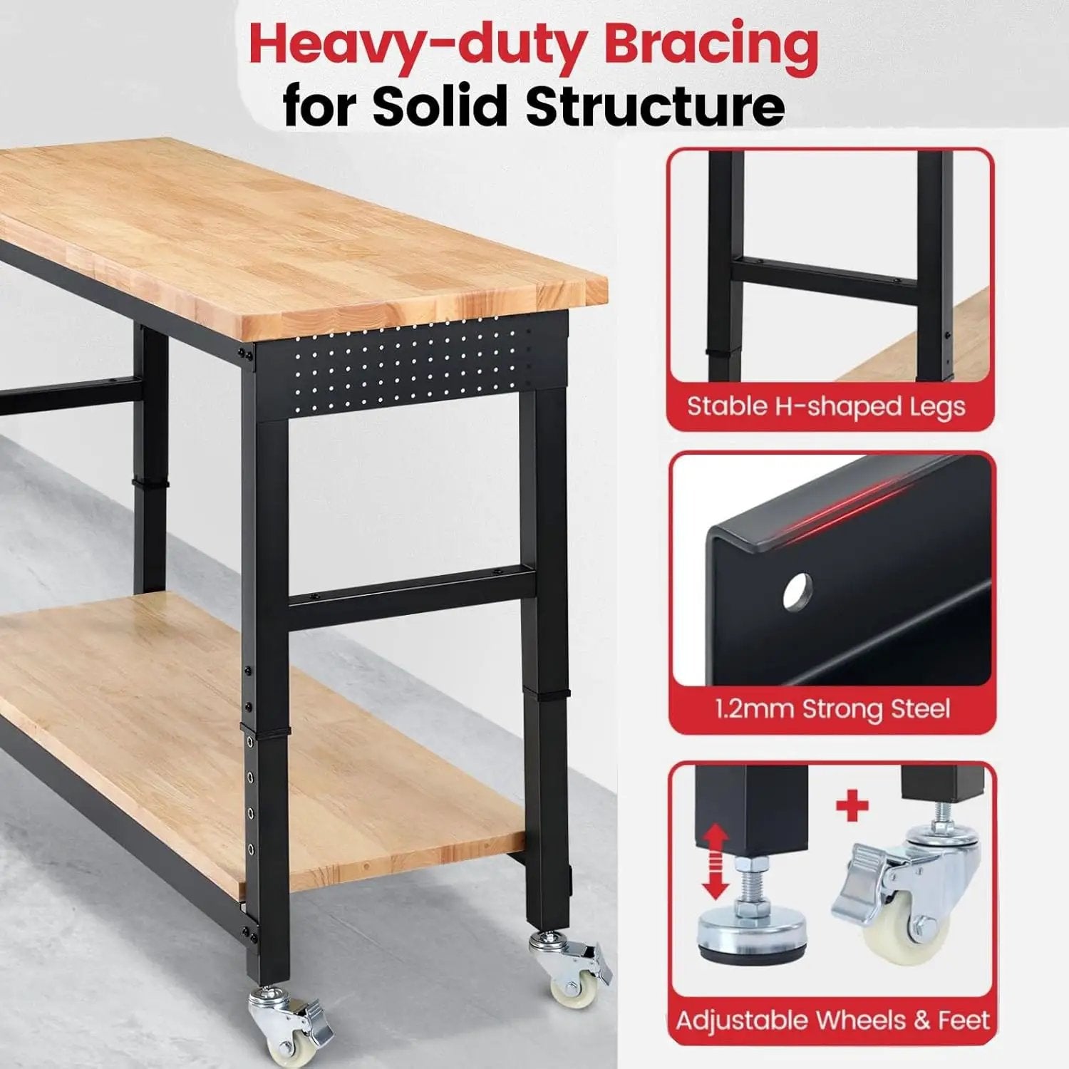 Workbench for Garage with Wheels 60 x 22 Inch Heavy Duty Rubberwood Tabletop Work Table with Under Table Shelf, Pegboard, Power Outlets for Woodworking Shop Home Office by GreenHaven Gardens