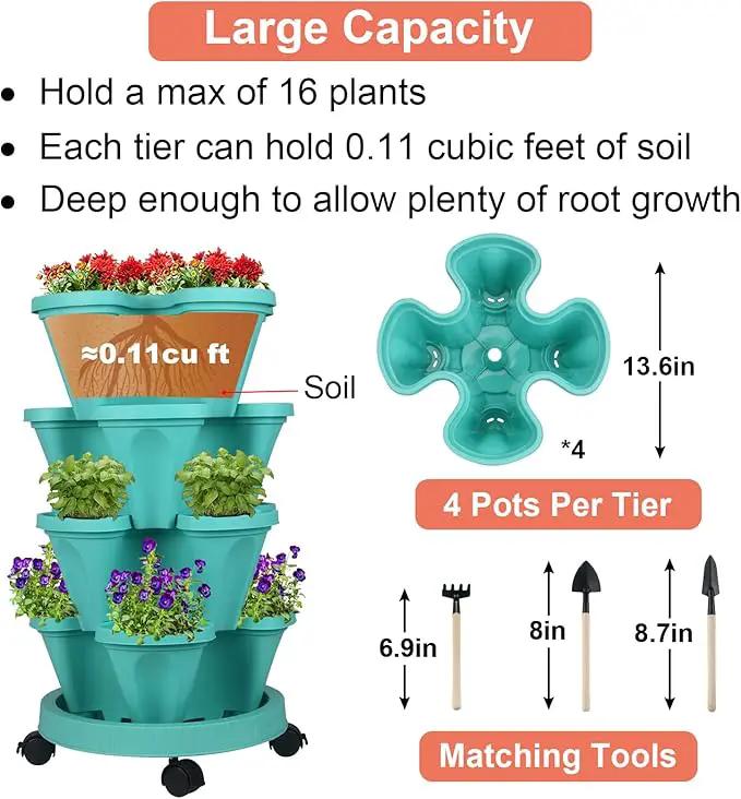 Vertical Planter 4 Tier Stackable Planters Garden Planters Strawberry Herb Flower and Vegetable Planter Indoor Outdoor Gardening Pots with Removable Wheels and Tools by GreenHaven Gardens