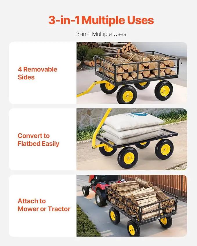 VEVOR 1200 Lbs Steel Garden Cart, Heavy Duty Pullable Garden Wagon Yard Cart, 2 in 1 Outdoor Metal Utility Wagon Yard Trailer with 13" All Terrain Tires, Mesh Removable Sides and 180°Rotating Handle by GreenHaven Gardens