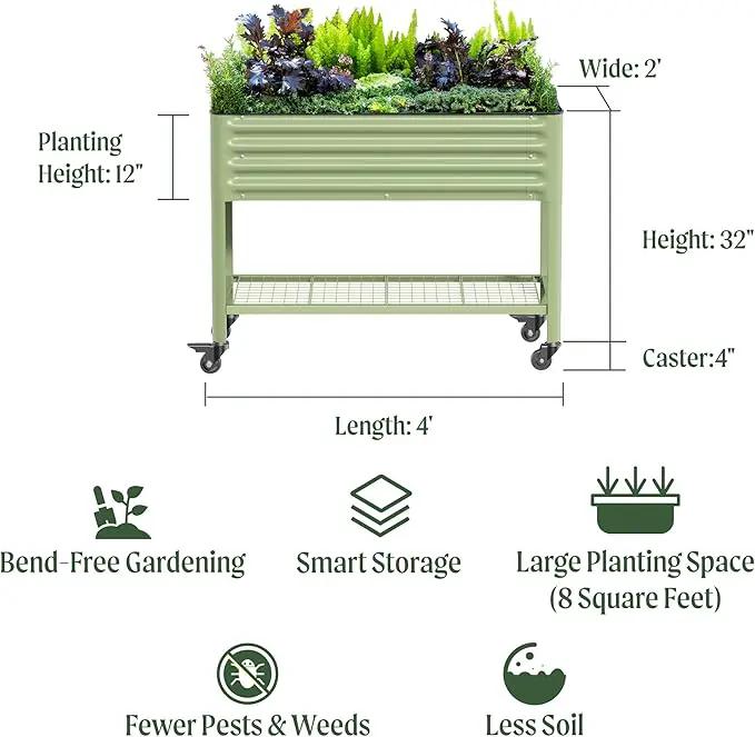 Rolling Elevated Raised Garden Bed-V Series, 2' x 4' Garden Beds with Legs & Storage Rack for Patio & Porch, 700 Lbs Weight Capacity, Outdoor Planter Box for Vegetables Flower Herbs, Pearl White by GreenHaven Gardens