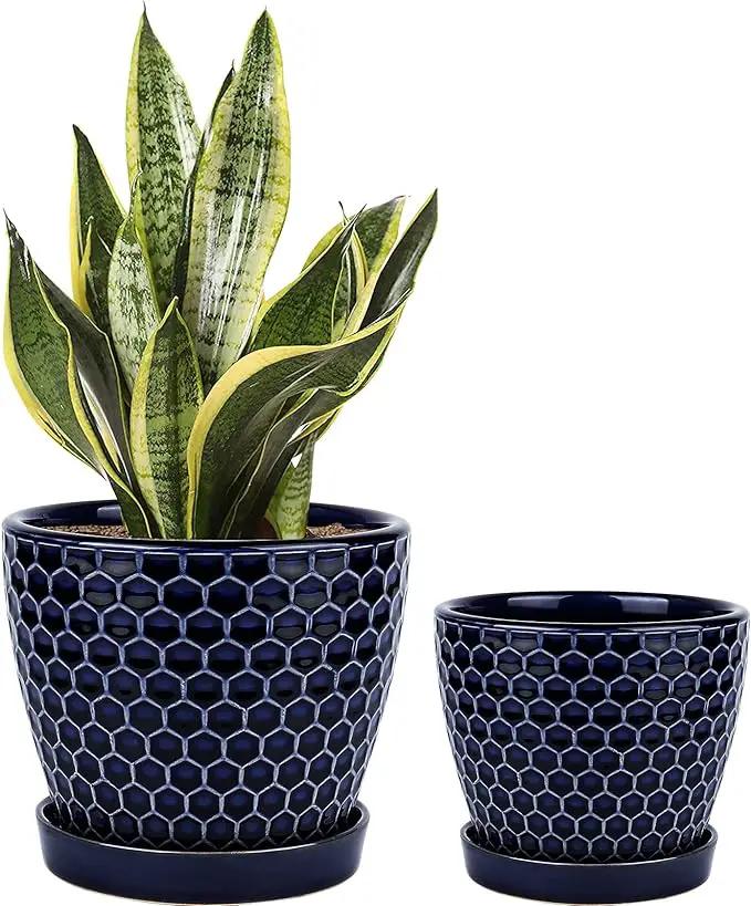 Docrin Ceramic Plant Pots Indoor: 6.6 + 5.5 Inch Planters with Drainage Holes and Saucer for Home/Office - Set of 2 /Blue Honeycomb by GreenHaven Gardens