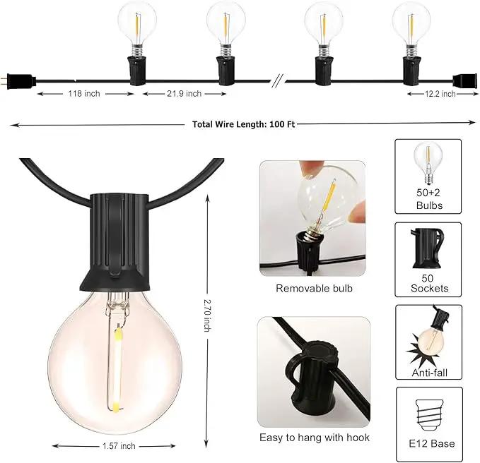 Outdoor String Lights 100FT Globe String Lights with 52 Dimmable G40 Shatterproof LED Bulbs,Waterproof Connectable Patio Light String Lights for Backyard Hanging Lights,2700K Warm Glow by GreenHaven Gardens