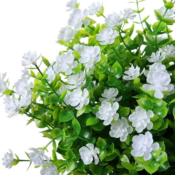 Artificial Plants Flowers Grass Shrubs 8 Pack No Fade Faux Plastic Flowers Outdoor for Vases Farmhouse Garden Porch Patio Office Indoor Wedding Decoration Greenery Fake Plants (2#White) by GreenHaven Gardens