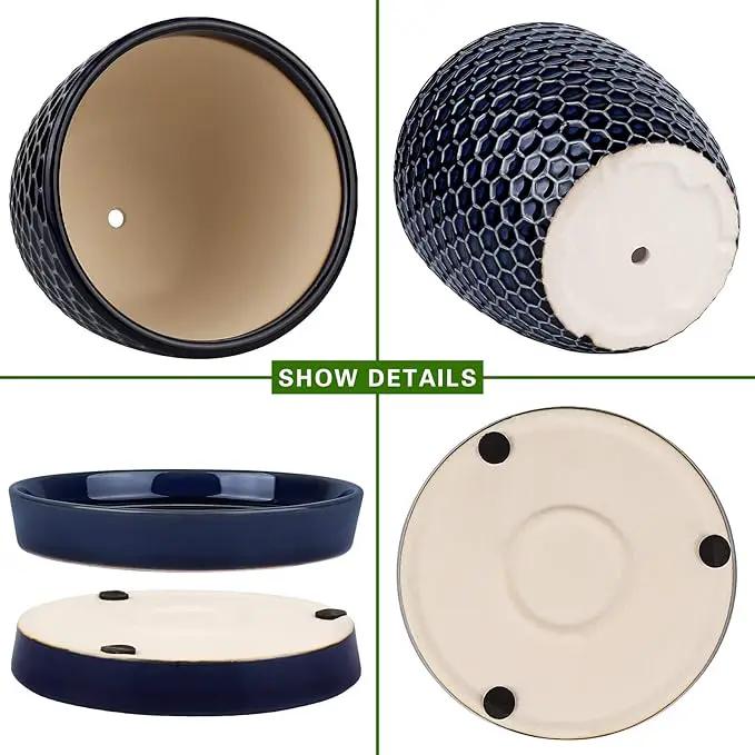 Docrin Ceramic Plant Pots Indoor: 6.6 + 5.5 Inch Planters with Drainage Holes and Saucer for Home/Office - Set of 2 /Blue Honeycomb by GreenHaven Gardens