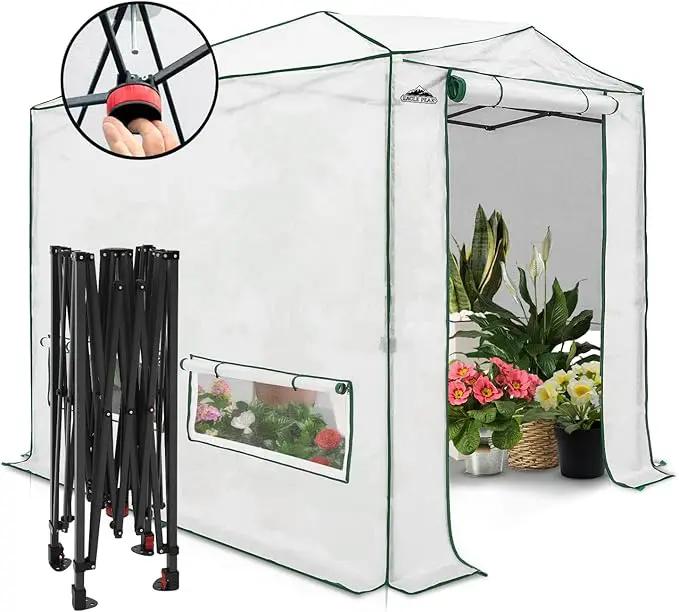 EAGLE PEAK 8x6 Portable Walk-in Greenhouse, Pop-up Indoor Outdoor Garden Green House, Zippered Doors and Windows, Heavy Duty Woven PE Top, White by GreenHaven Gardens