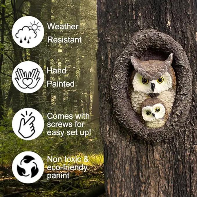 Owl Tree Hugger Whimsical Tree Sculpture Garden Statues Outdoor Tree Face Decor Garden Peeker Yard Art Decorations (Mom and Baby Owl) by GreenHaven Gardens