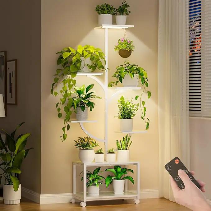 Plant Stand Indoor with Grow Lights, 60" Tall 7-Tier Metal Plant Stand with Wheels & Tree-Shaped Design for Indoor Plants, Flower Holder Display Rack for Home, Patio - White by GreenHaven Gardens