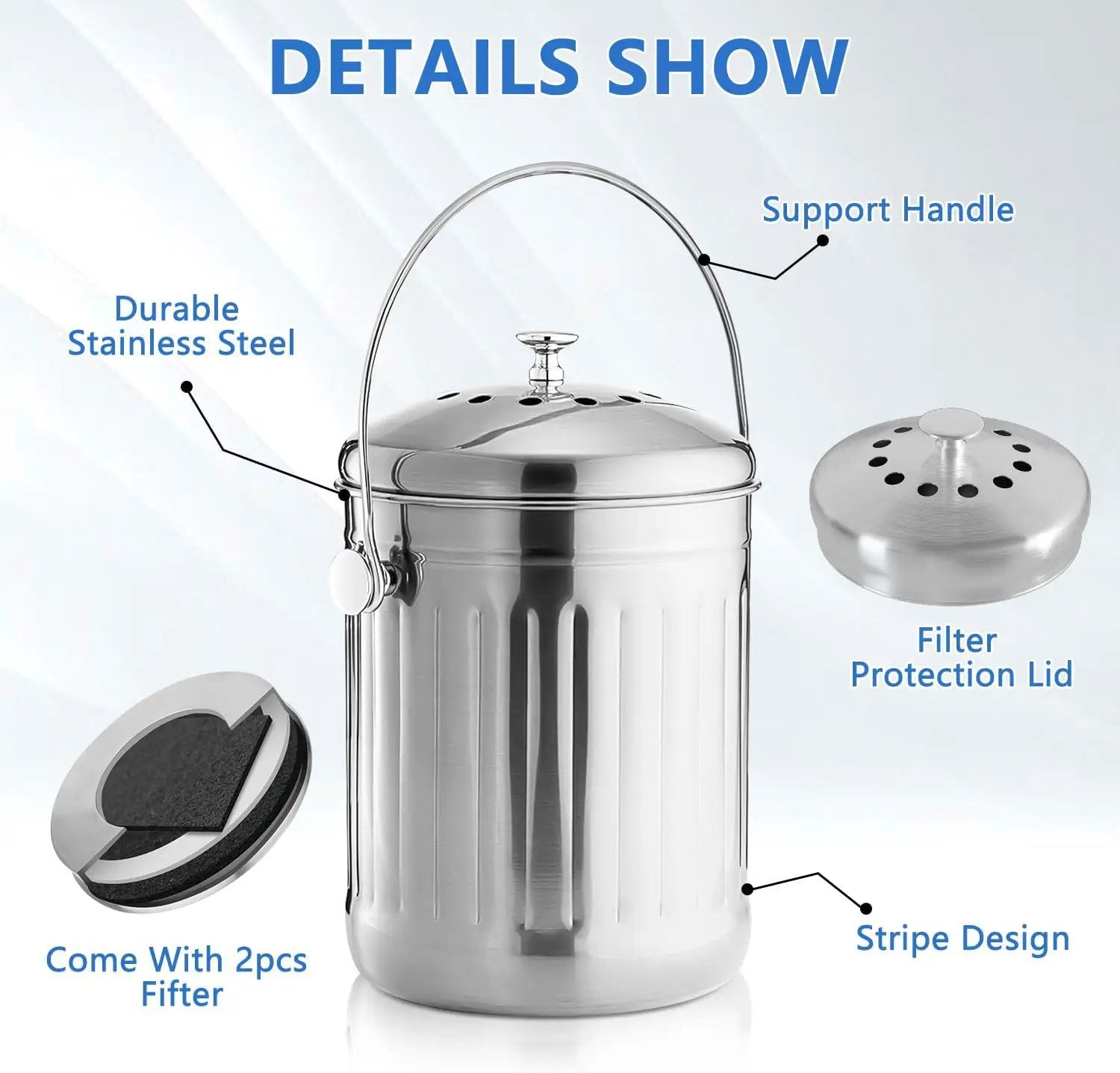 ENLOY Compost Bin for Kitchen Countertop, 1.3 Gallon Stainless Steel Indoor Compost Bucket for Kitchen Countertop Odorless Compost Pail for Kitchen Food Waste with Carrying Handle Easy to Clean by GreenHaven Gardens