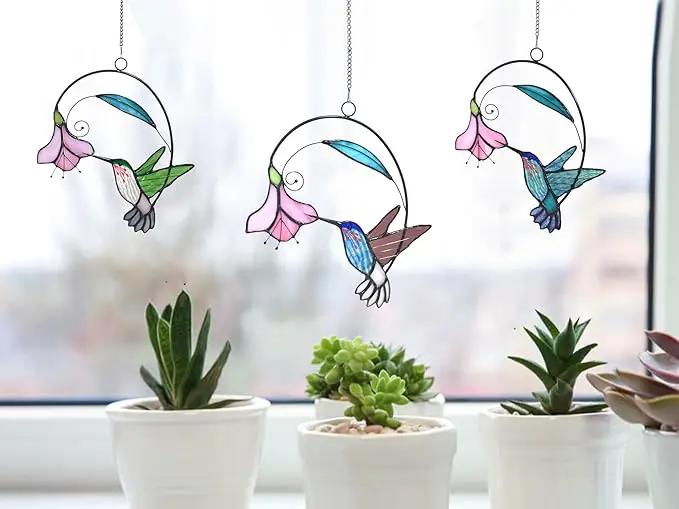 Lolitarcrafts Stained Glass Hummingbird Window Hangings with Flowers, Bird Stained Glass Suncatcher for Window Decor Hummingbird Gifts for Mom,Bird Lovers (Blue with Flower A) by GreenHaven Gardens