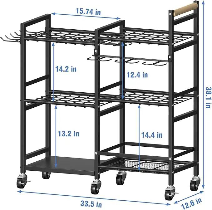 NADAMOO Garden Tool Organizer with Rolling Wheel, 3-tier Metal Shelf Yard Tool Holder, Utility Stand Rack for Garage Organization and Storage, Hold Long-Handled Rakes, Shovel, Broom by GreenHaven Gardens