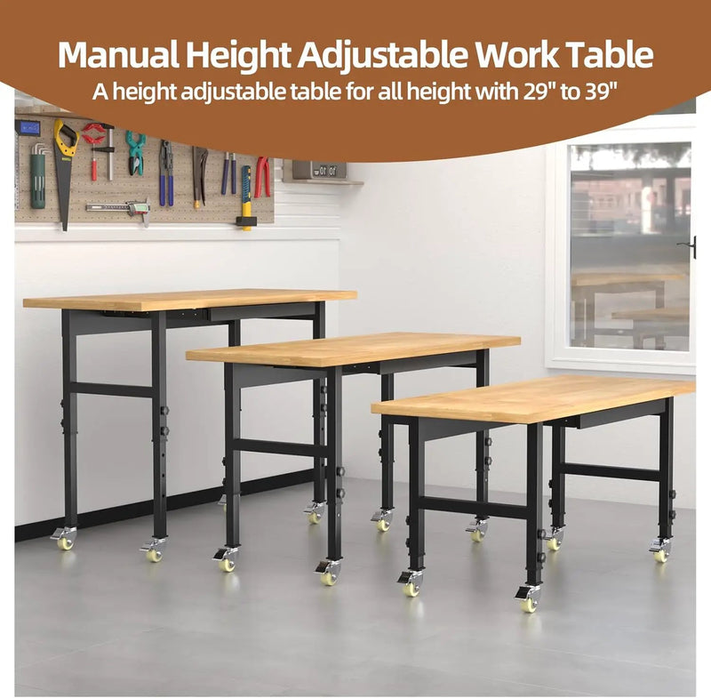 48" Adjustable Workbench, Work Bench Table with Wheels and Power Outlet, Rolling Workbench with Drawers, Large Load Capacity Garage Workbench for Workshop,Office,Home by GreenHaven Gardens