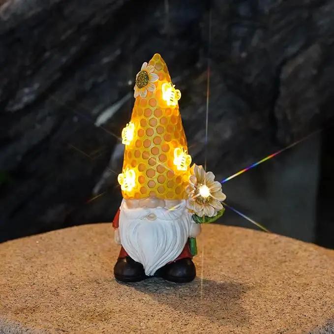 Garden Gnome Statue Solar Powered with Glowing Bees Sunflower Outdoor Funny Resin Figurine Decorations for Patio Yard Lawn Porch Housewarming Ornament Gift by GreenHaven Gardens