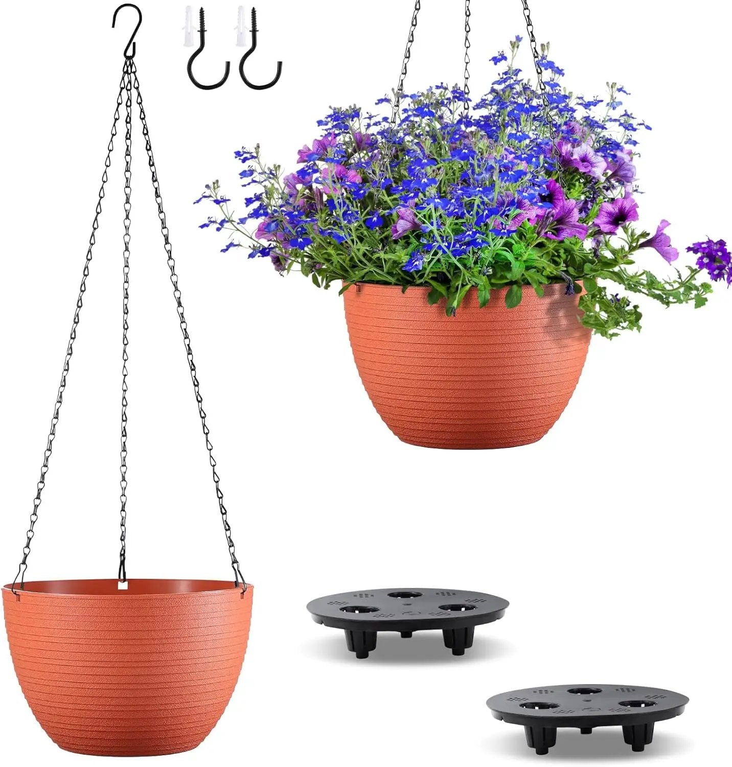 Hanging Planters for Indoor Outdoor Plants, Set of 2 Self Watering Hanging Pots with Drainage Hole & Plug and 20" Chain & Hooks by GreenHaven Gardens