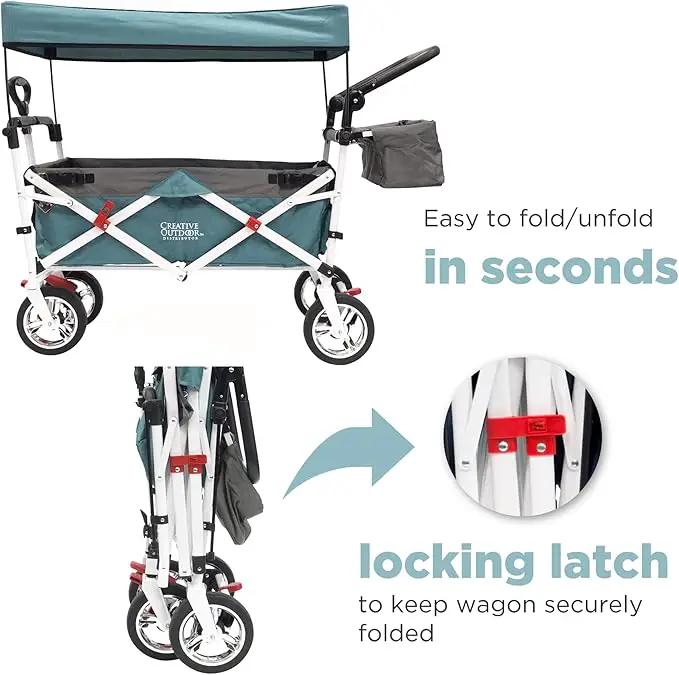 Creative Outdoor Wagon for Kids Push Pull Collapsible Stroller Folding Cart | Silver Series | Beach Park Garden & Tailgate | Teal by GreenHaven Gardens