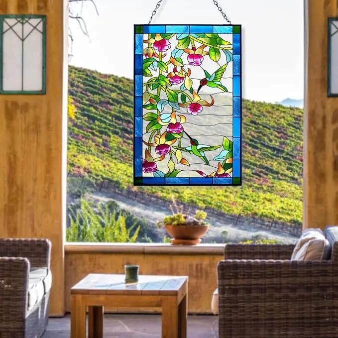 VEWOGARDEN Hummingbird Stained Glass Window Hangings, Bird Suncatcher Panel with Metal Chain for Windows Decor Indoor Outdoor (W10xH15 inch) by GreenHaven Gardens