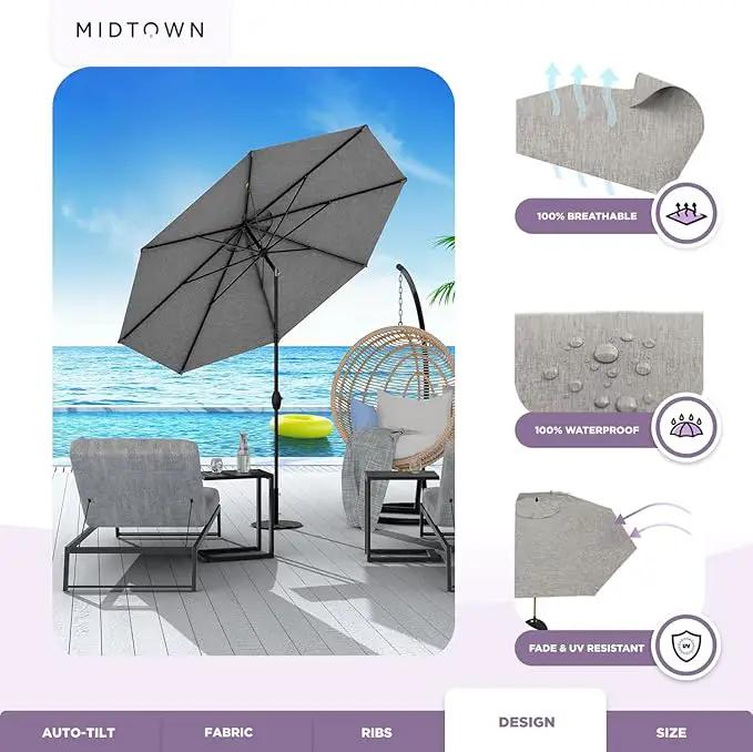 Midtown Umbrellas Sunbrella Umbrella 8 Feet Outdoor Umbrella With Sunbrella Cast Slate Acrylic Fabric - Auto-Tilt Aluminum Frame Patio Umbrella For Backyard, Deck, Garden, Pool - Black Pole by GreenHaven Gardens