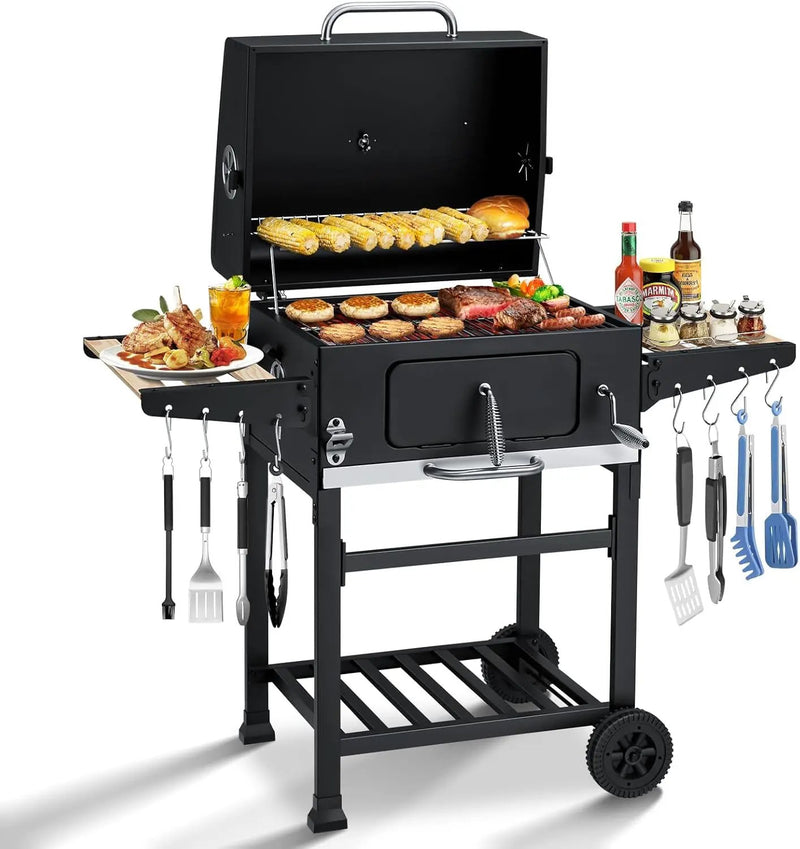 MELLCOM Charcoal Grill with Wood Foldable Side Table - 338 Sq.In BBQ Area with Individual Lifting Charcoal Trays & Thermometer, Movable Charcoal Grill for Outdoor Patio, Garden and Backyard by GreenHaven Gardens