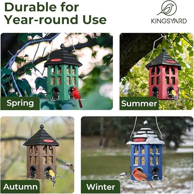 Kingsyard Wild Bird Feeder for Outdoor Hanging, Recycled Plastic Bird Feeders with 6 Ports & U-Shape Perch, Garden Yard Outside Decoration, 3.5 lbs Seed Capacity, Green by GreenHaven Gardens