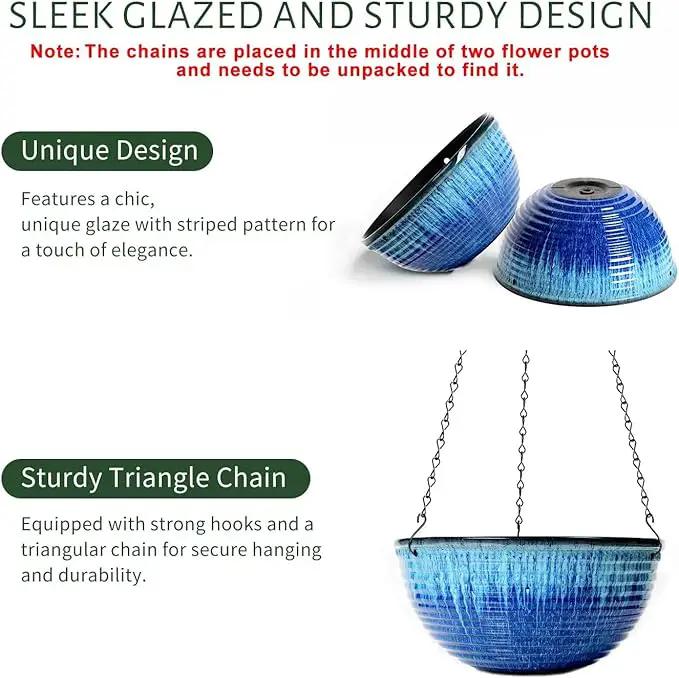 2 Pack Hanging Planters for Indoor Outdoor Plants, 10 Inch Hanging Planter with Drainage Hole & Plug Glazed Hanging Baskets Flower Pots for Garden Home (Blue Flow Glaze) by GreenHaven Gardens