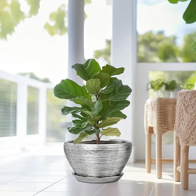 Flower Pot for Indoor Plants - Ceramic Planter 13 Inch Plant Pot with Drainage Hole and Saucer Large Decorative Planter Outdoor Mid-Century Planter for House Decor Silver by GreenHaven Gardens