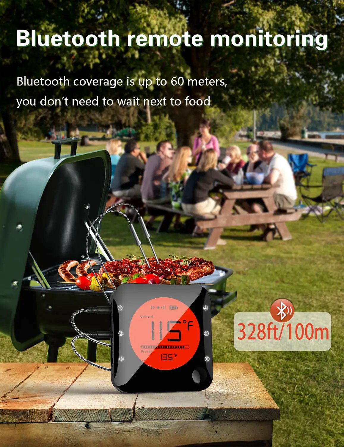 BFOUR Bluetooth Meat Thermometer Wireless Grill Thermometer with 3 Probes, Premium Digital Meat Thermometer Food Thermometer Timer Alarm for Smoker, Grill, Oven, Kitchen, Cooking, BBQ by GreenHaven Gardens