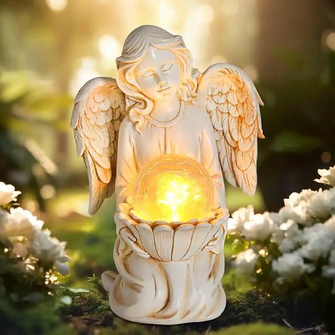 Angel Statues for Garden - Guardian Ange with Light - 8.3" Waterproof Outdoor Angel Memorial Scupture, Solar Angels Figurines Holding Glass Balls for for Patio, Yard, or Cemetery by GreenHaven Gardens