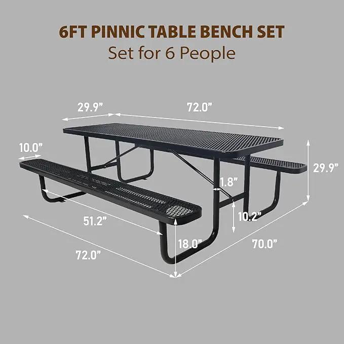 6FT Metal Picnic Tables for Outdoors, Commercial Rectangular Picnic Table and Bench Set for Outside, Patio, Garden, Backyard, Porch, Surface Mount, Black by GreenHaven Gardens