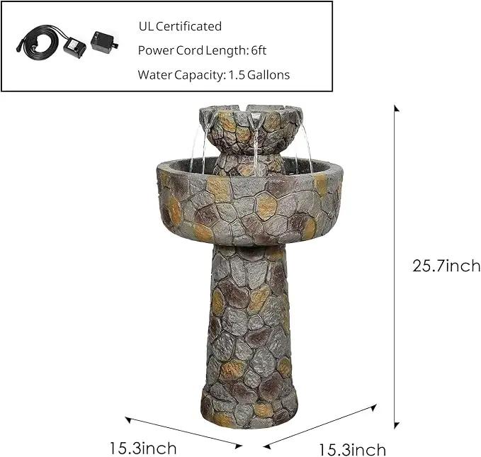 SunJet 25.7” High x 15.3” Diameter Concrete Bird Bath with Faux Stone Finish - Outdoor Water Fountain with Electric Pump - Birdbath for Garden, Patio, Yard, Lawn Décor by GreenHaven Gardens