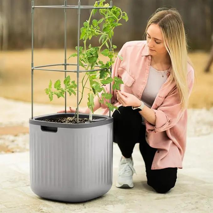 Vego garden Planters for Outdoor & Indoor Plants, Large Plant Pots with Self Watering, 15" Tall Large Plant Pots with Trellis for Flowers Plants Decor, Fog Gray by GreenHaven Gardens