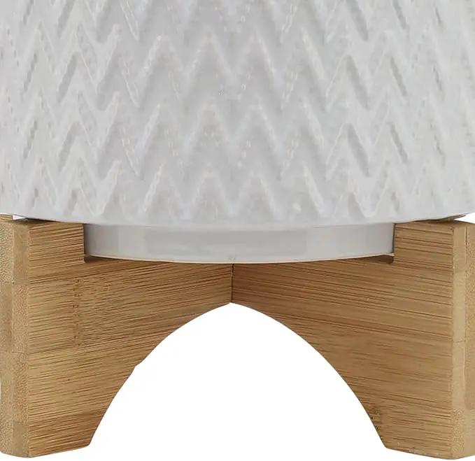8" Ceramic Planter on Wooden Bamboo Stand - Contemporary White Chevron Design for Indoor or Outdoor Plants, Succulents, Cactus by GreenHaven Gardens
