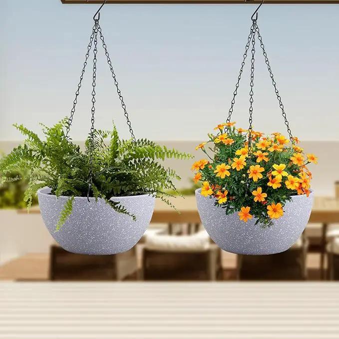 8 inch Small Hanging Planters for Indoor Outdoor Plants, 2 Pack Hanging Flower Pots with Drainage Holes and Chain for Garden Porch, Plastic Hanging Baskets for House Plants, Speckled Grey by GreenHaven Gardens