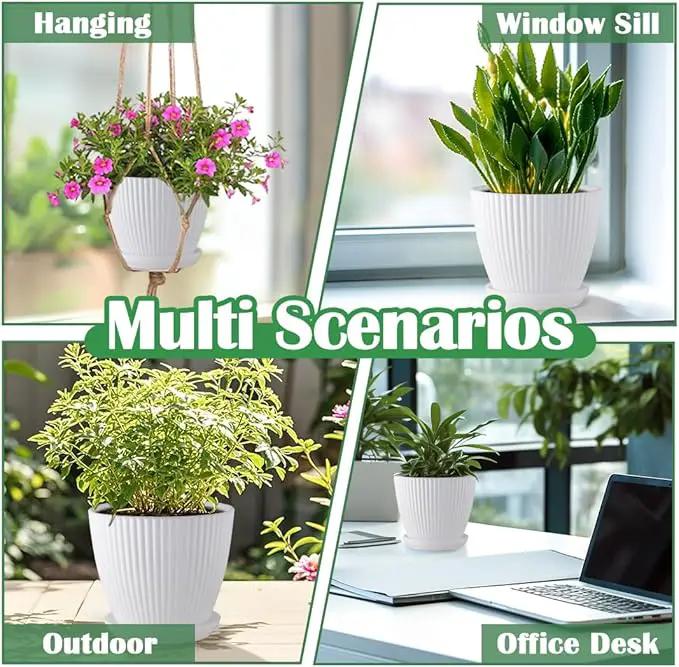 7.5/6.5/5.5/4.9/4.2/3.5 Inch Plant Pots, Plastic Flower Pots with Drainage Holes and Plate, Indoor/Outdoor Plant Planters with Different Size, 6 Pack Durable Pots for Plants, White by GreenHaven Gardens