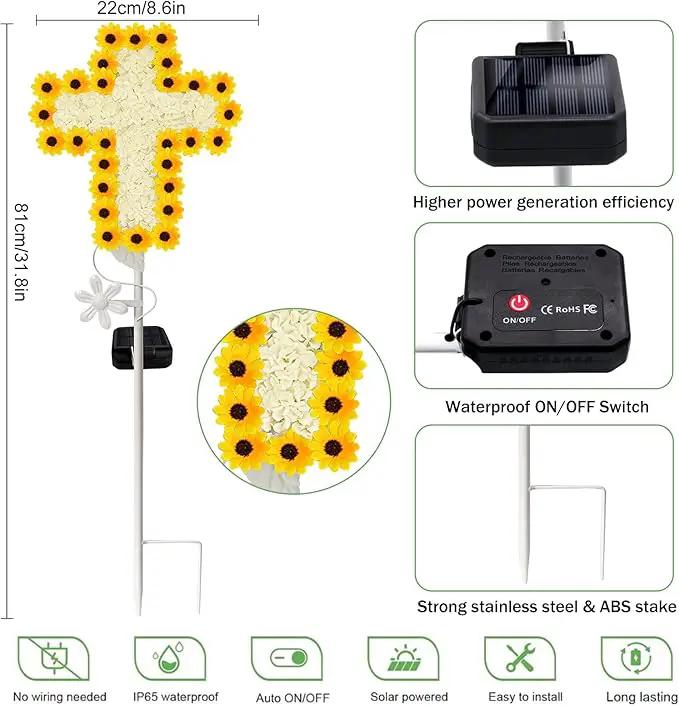 YJFWAL Solar Daisy Cross Garden Stake Lights, Yard Solar Lights Cemetery Decorations for Grave Outdoor Light Jesus Cross Sympathy Memorial Gifts for Grandmother, for Garden Yard Lawn Patio Pathway by GreenHaven Gardens