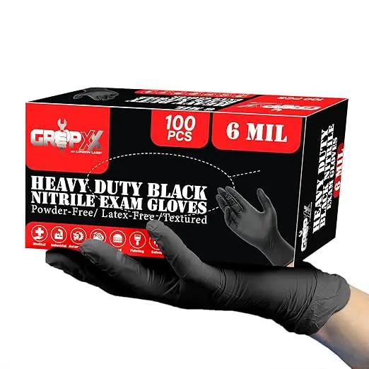Heavy Duty 6 Mil Black Nitrile Gloves - Disposable, Latex & Powder Free | Mechanic, Food Prep & Tattoo | Rubber Gloves for Cooking, Cleaning & Household | Pack of (100) by GreenHaven Gardens