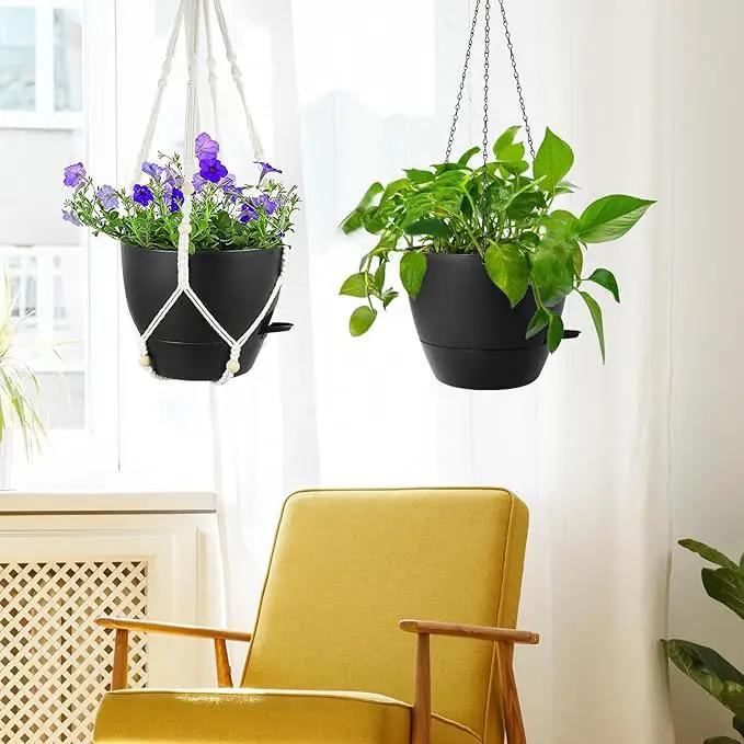 10 inch Self Watering Hanging Planters, 2 Pack Hanging Baskets for Indoor Outdoor Plants, Hanging Flower Pots with Drainage Holes & 2 Kinds of Plant Hangers for Garden Home Decor, Black by GreenHaven Gardens
