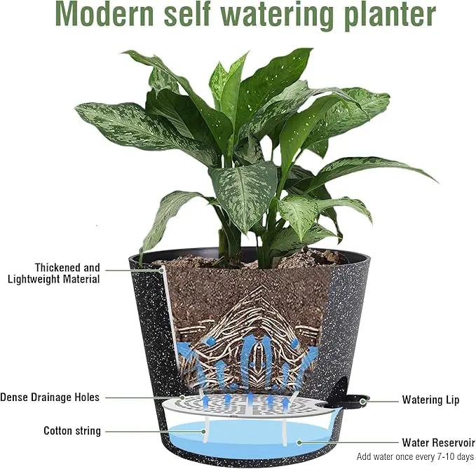 12 inch Large Self Watering Pots, Plant Pots with Mesh Drainage Holes for Indoor Outdoor Plants, Plastic Planters with Deep Reservoir for Garden House Flower Plants, Speckled Black by GreenHaven Gardens