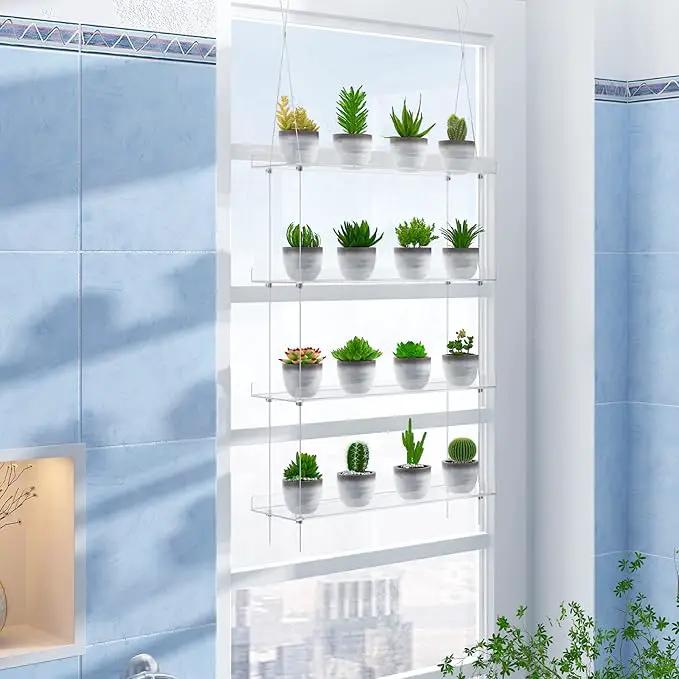 4-TierClear Plant Shelves, Height Adjustable Hanging Acrylic Indoor Wall Hanging Plant Stand Flower Display, Flower Pot Organizer Storage for Window Grow Herbs, Microgreens, Succulents, 16 Inch by GreenHaven Gardens