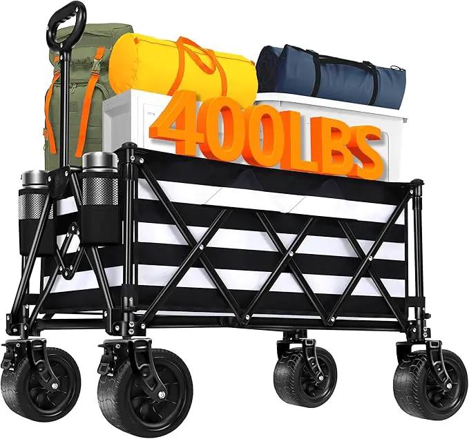 Wagons Carts Foldable with All-Terrain Big Wheels 400 LBS, Heavy Duty Collapsible Utility Wagon Cart, Folding Grocery Cart for Beach, Camping, Sports, Shopping, Garden and Fishing-Black Stripe by GreenHaven Gardens