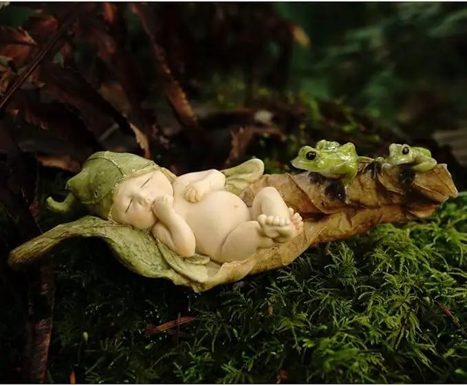 Top Collection Miniature Fairy Garden and Terrarium Statue, Sleeping Fairy Baby with Frogs by GreenHaven Gardens