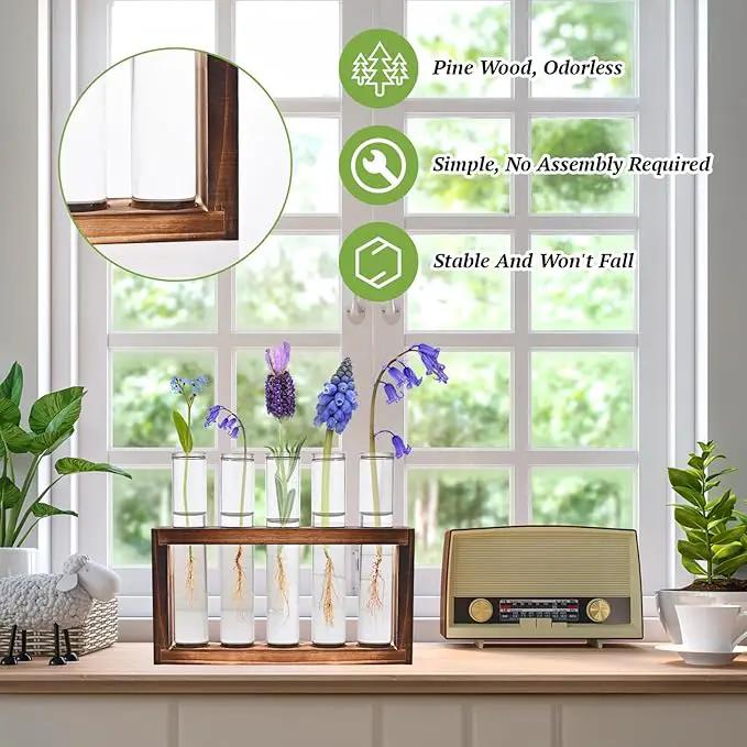 2pcs Desktop Glass Plant Propagation Station with 10 Test Tubes in Wooden Stand - Hydroponic Plants Cutting Office Home Decoration and Garden Decor Terrarium (10 Tubes) by GreenHaven Gardens