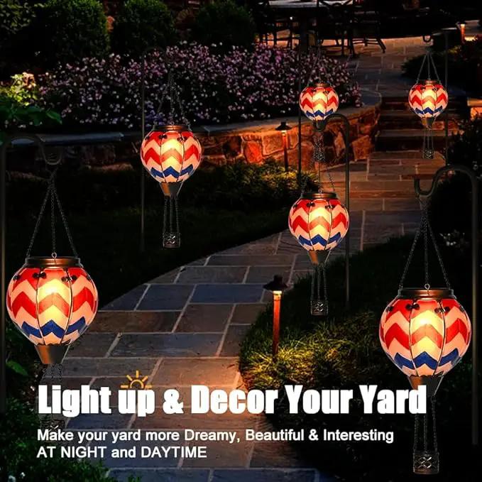 U.S Flag Hot Air Balloon Solar Lantern - Simulated Flickering Flame Stained Glass Light for Outdoor, Yard Hanging/ Waterproof IP65, Ideal 4th of July Gift for Patriot Veterans Patio Decor by GreenHaven Gardens