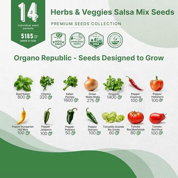 Organo Republic 14 Herbs & Veggies Salsa Mix Seeds Variety Pack - 5,180+ Non GMO Heirloom Herb, Tomato & Chili Pepper Seeds for Planting Outdoor & Indoor Home Gardening: Basil, Cilantro Onion, Peppers by GreenHaven Gardens