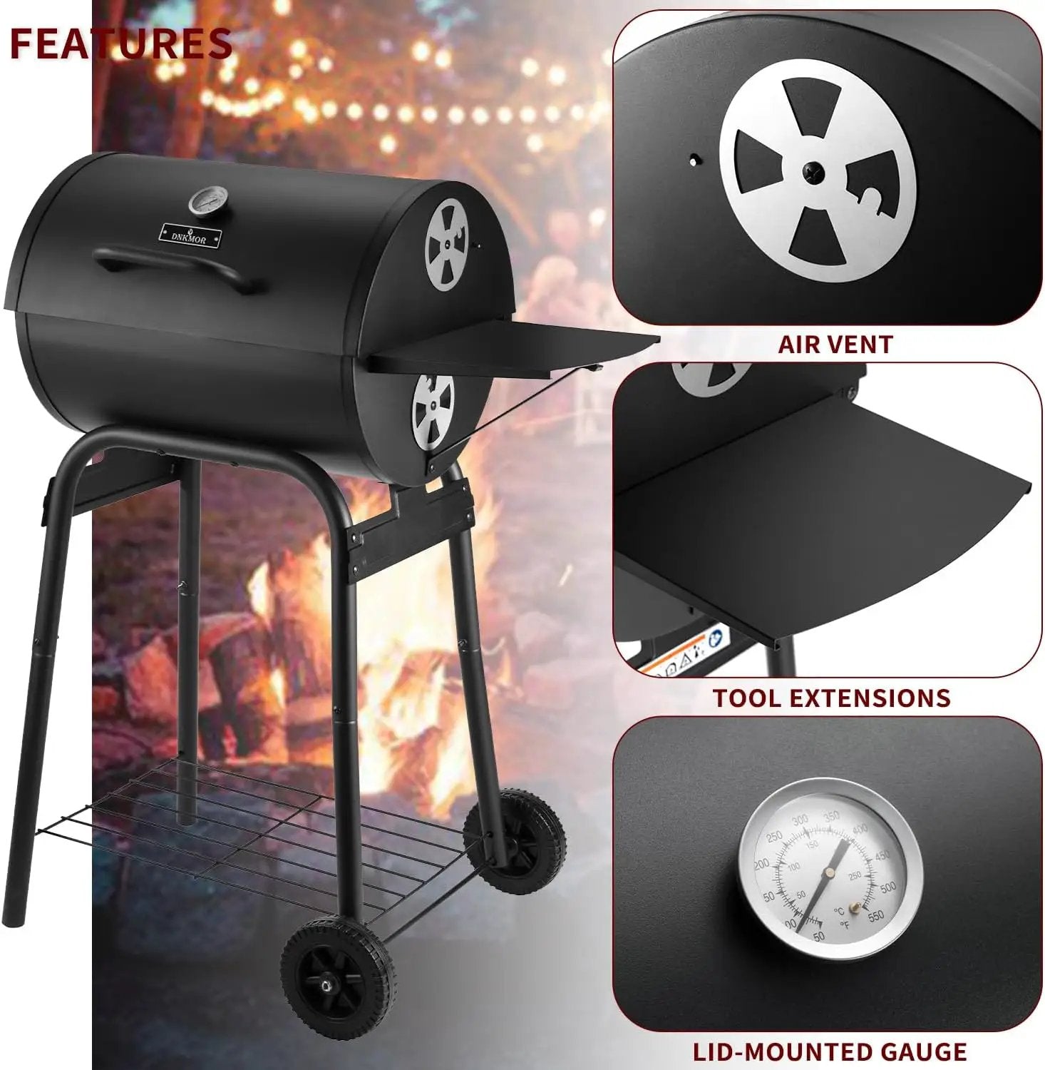 Charcoal Grill Outdoor BBQ Grill, Barrel Charcoal Grills with Side Table, with Nearly 500 Sq.In. Cooking Grid Area, Outdoor Backyard Camping Picnics, Patio and Parties, Black by GreenHaven Gardens