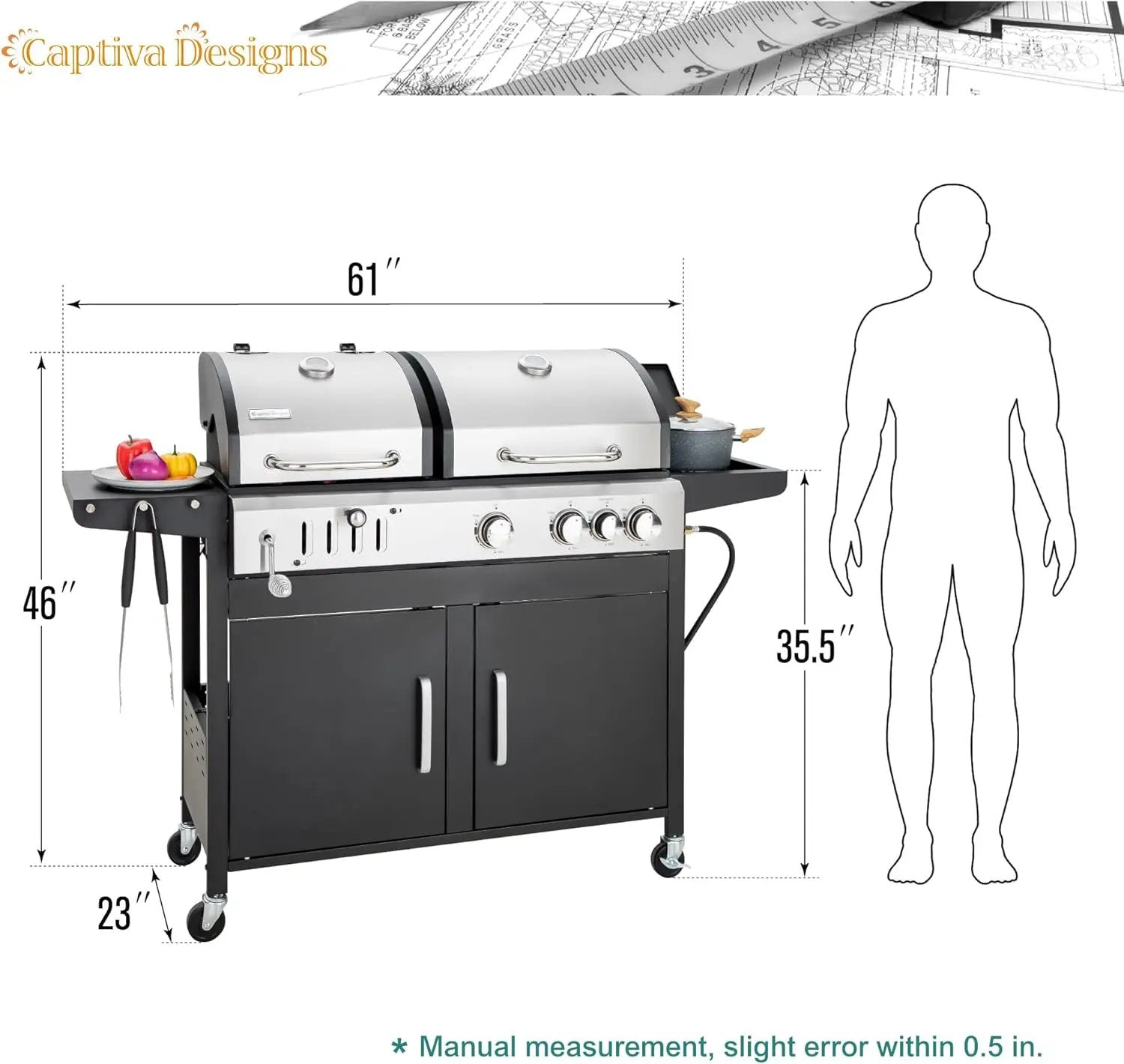 Captiva Designs Propane Gas Grill and Charcoal Grill Combo with Side Burner & Porcelain-Enameled Cast Iron Grate, Dual Fuel BBQ Grill for Outdoor Events & Backyard Barbecue, 690 SQIN Cooking Area by GreenHaven Gardens