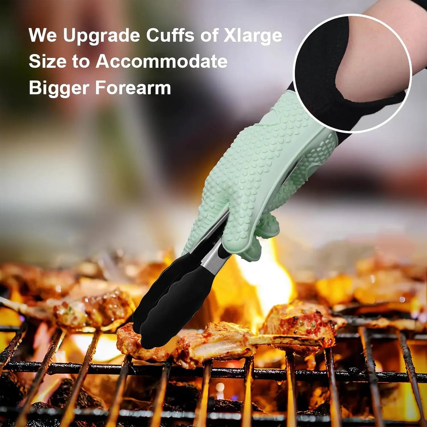 GEEKHOM BBQ Gloves Heat Resistant Oven Mitts - Silicone Grilling Gloves with 14" Long Arm Protection - Waterproof Pot Holder Non-Slip for Men & Women, Kitchen Cooking, Baking, Camping, Mint Green by GreenHaven Gardens