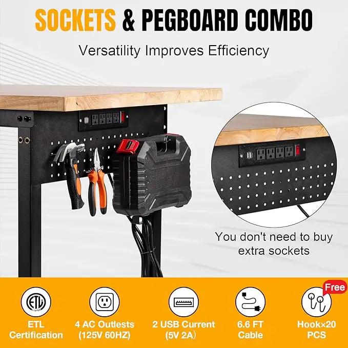 Height Adjustable Workbench Heavy Duty Work Table 2000 LBS Load Capacity 60”×22” Rubber Wood Work Station with Power Outlet & Pegboard for Garage, Workshop, Office,Party Shop, Home by GreenHaven Gardens