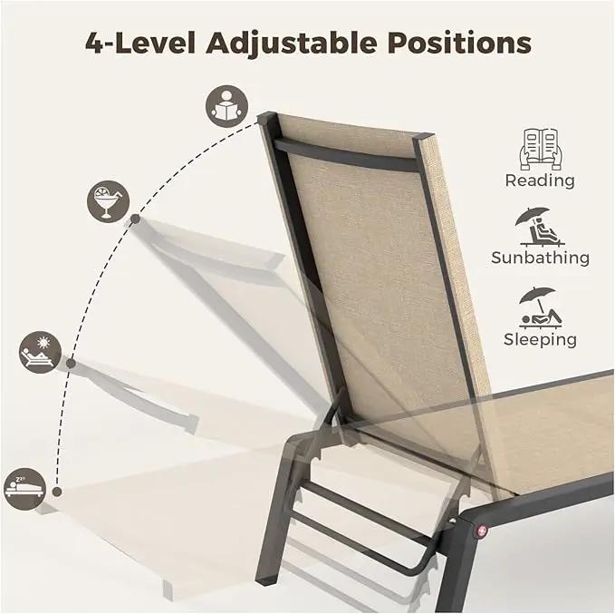 Patio Chaise Lounge Set of 2 with 4 Adjustable Backrest, Foldable Aluminum Chaise Lounge Chair Recliner for Outdoor, Poolside, Sun Tanning Beige by GreenHaven Gardens