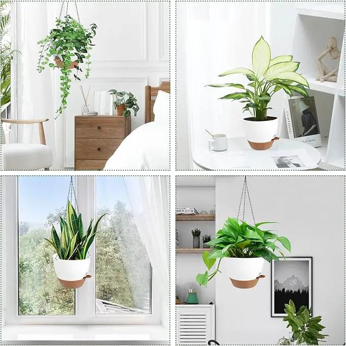 Hanging Planters for Indoor Outdoor Plants, 2 Pack Self Watering Hanging Pot with Drainage Holes & Removable Tray (White, 6'') by GreenHaven Gardens
