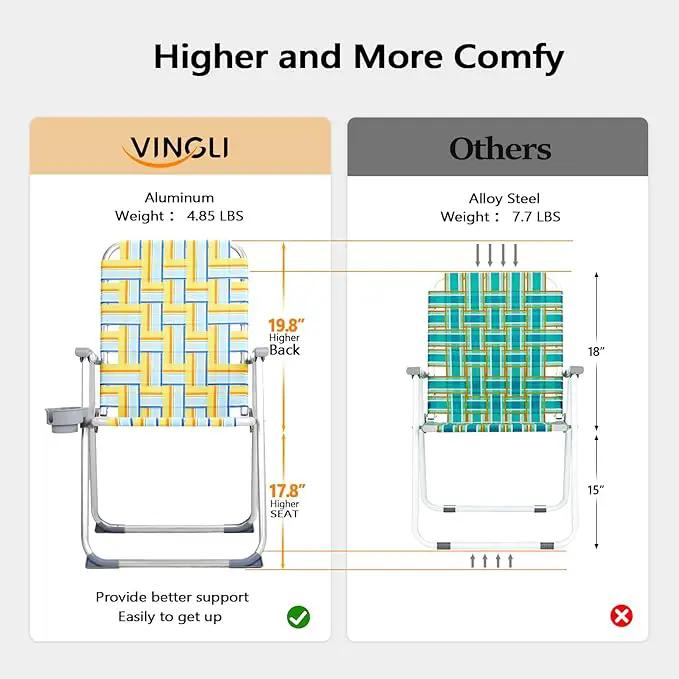 VINGLI Aluminum Patio Lawn Chairs Folding Set of 2 with Detachable Cup Holder, Webbed Beach Chair Folding Chair Outdoor Portable Camping Chair for Yard, Garden by GreenHaven Gardens