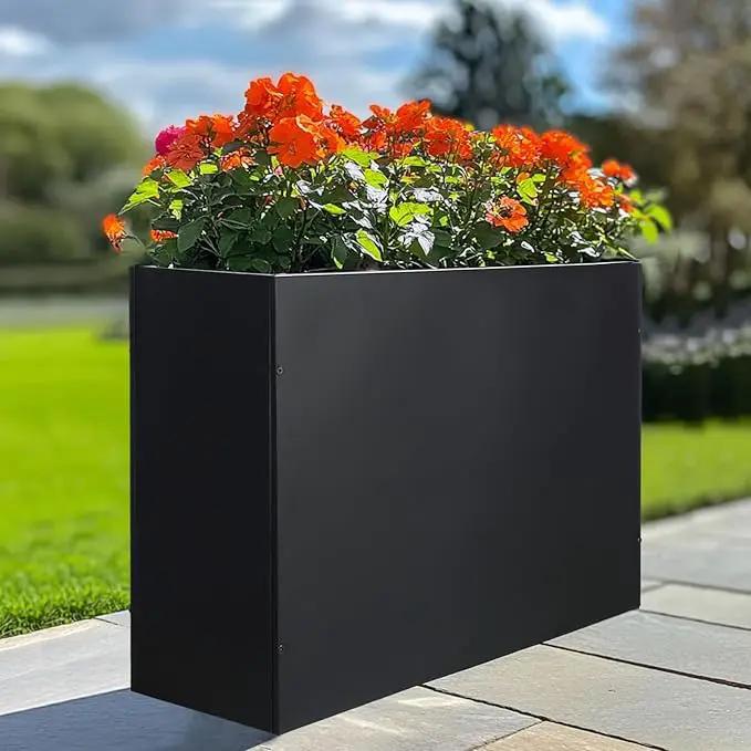 Metal Rectangular Planter Box Tall Planters for Outdoor Plants Modern Heavy Duty with Drainage Holes for Outside Indoor Patio Deck - Black, 32”x 12”x 24” by GreenHaven Gardens